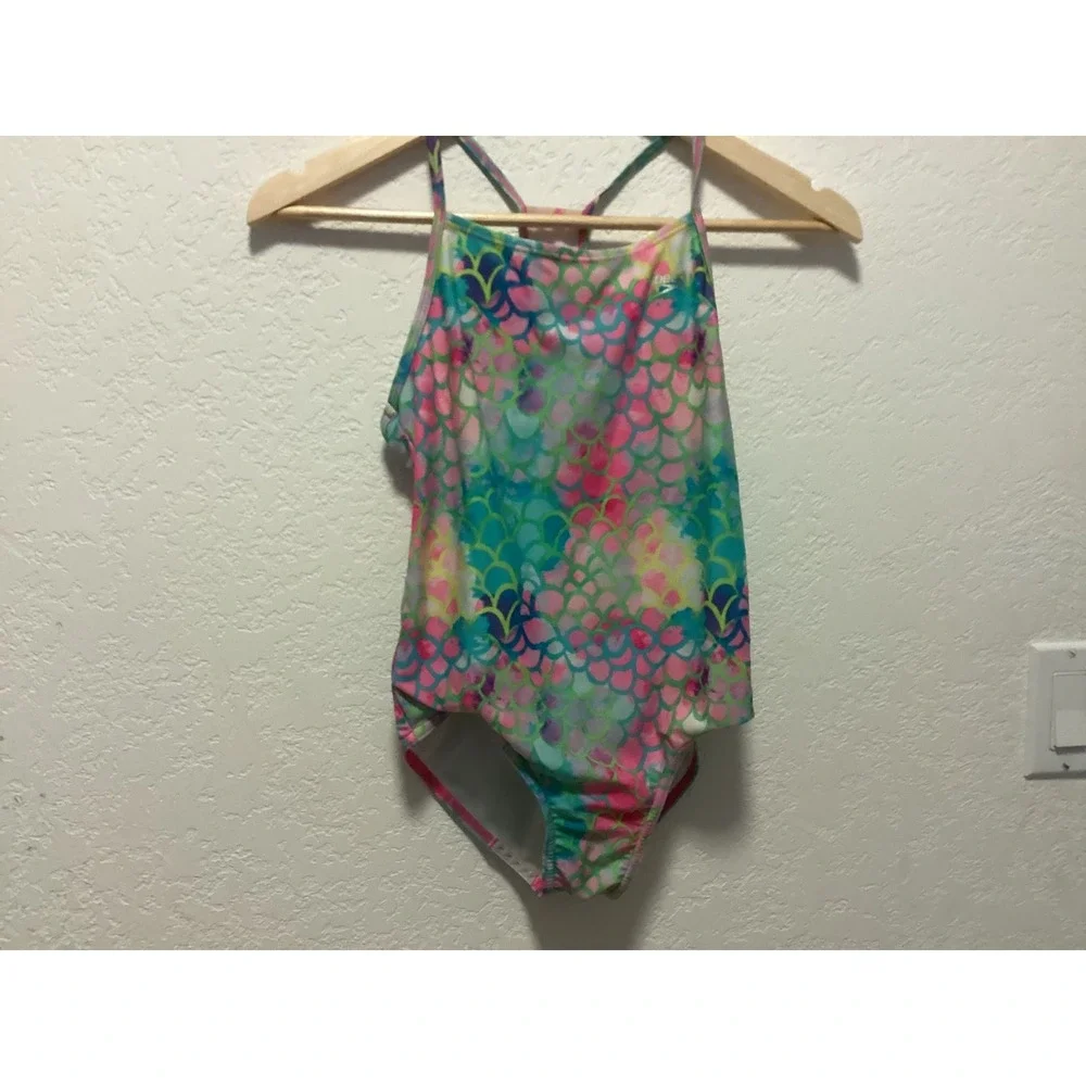 Speedo One Piece Swimsuit Kids Large Multicolor Mermaid Scale Racerback 7776348
